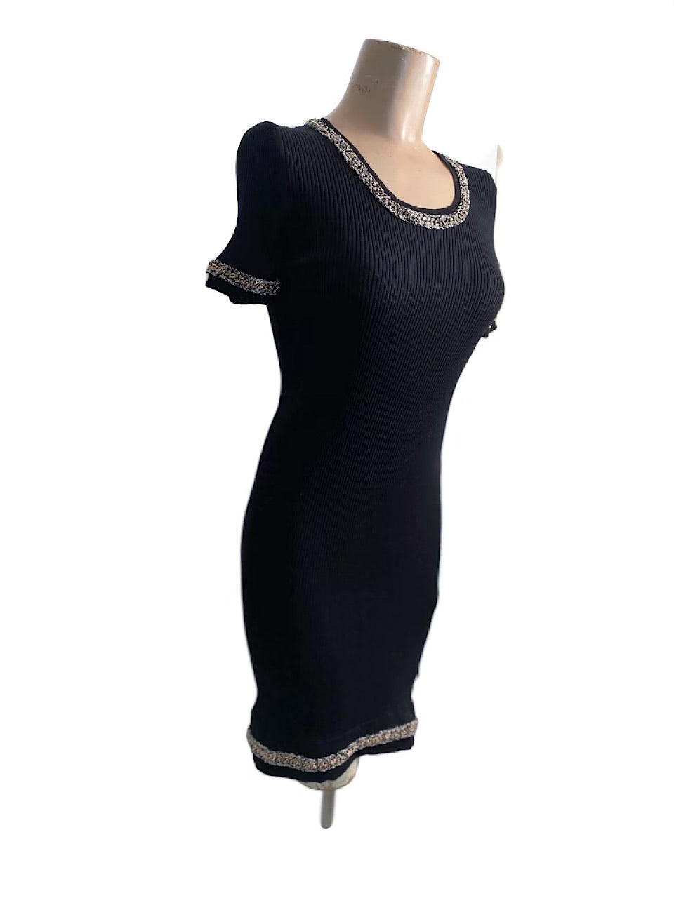 NWT Chanel 10P, 2010 Spring black gold trim chain dress FR 38