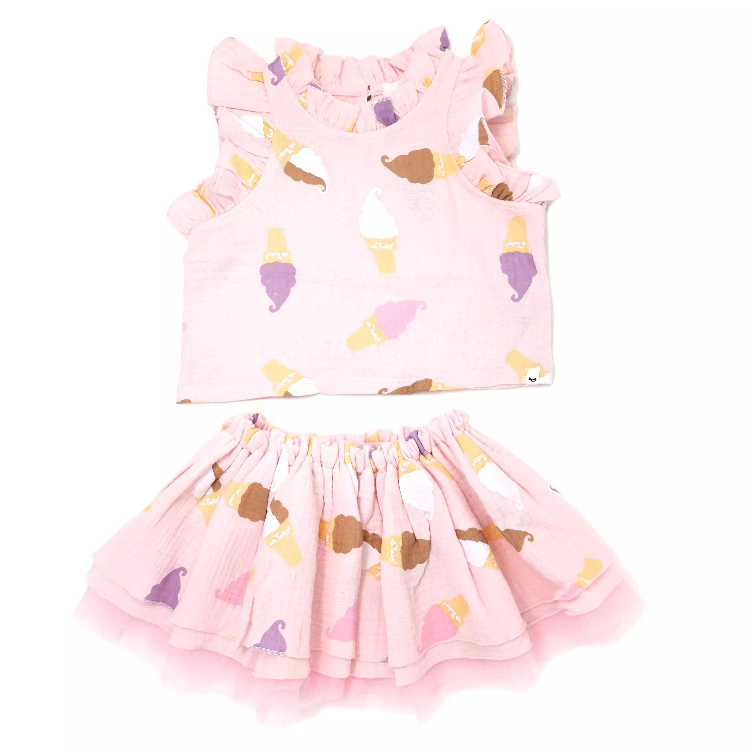 oh baby! Gauze Lola Top & Tutu Skirt Set - Soft Serve Ice Cream Print - Pale Pink