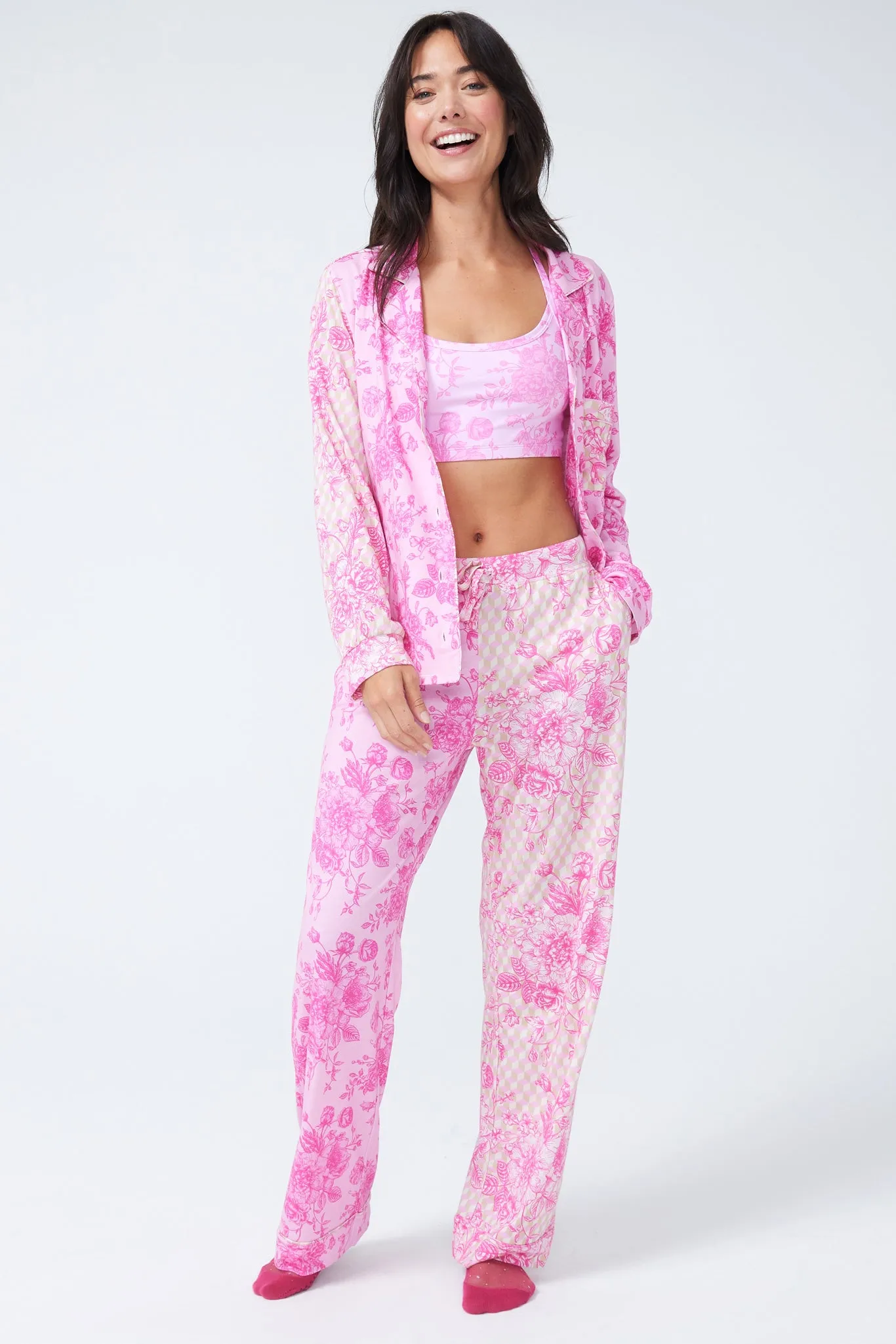 Pajama Set in Pink Porcelain and Oat Milk and Pink Geo