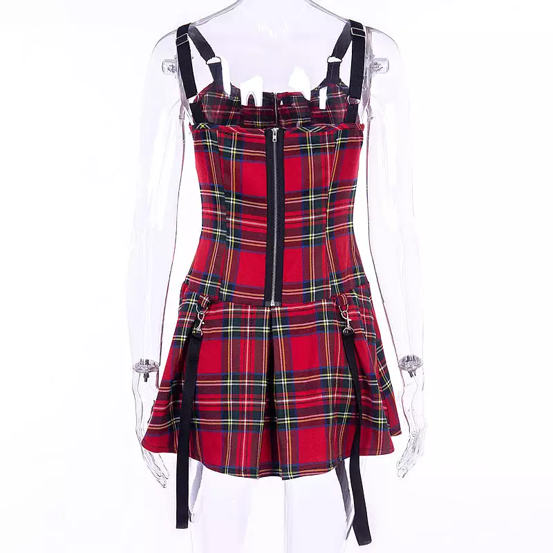 PUNK SLEEVELESS RED CHECKED DRESS BY71037