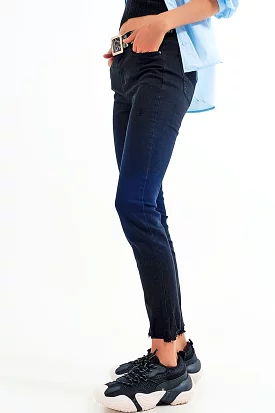 Q2 Black Jagged Hem Skinny Stretch Jeans