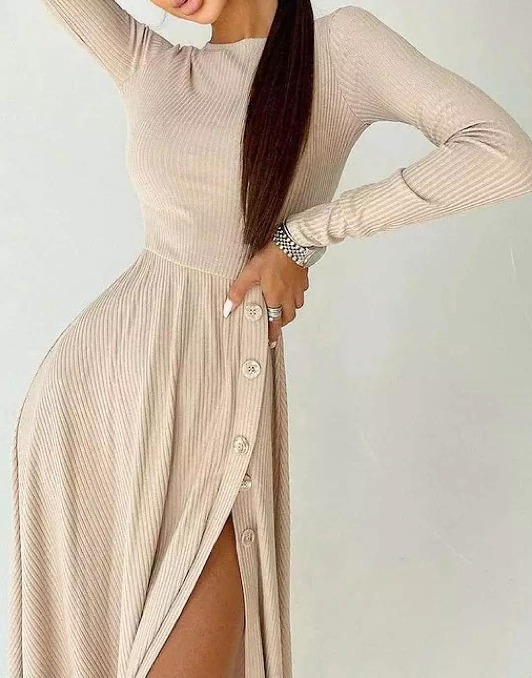 Ribbed Knit High Slit Dress