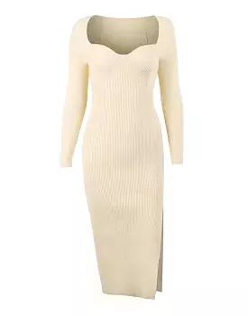 Square Neck Side Slit Knit Dress