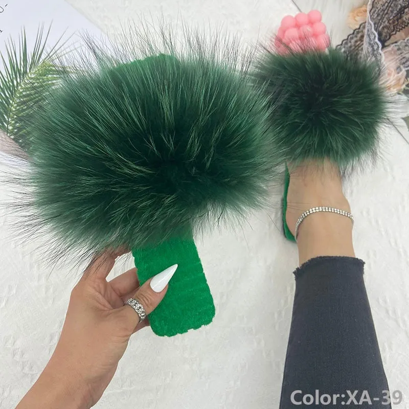 Summer Fluffy Natural Fur Slides Flat Cotton House Slippers for Women