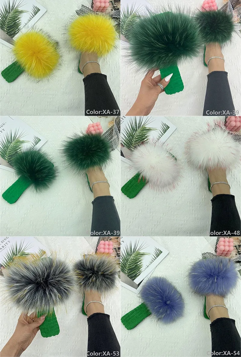 Summer Fluffy Natural Fur Slides Flat Cotton House Slippers for Women