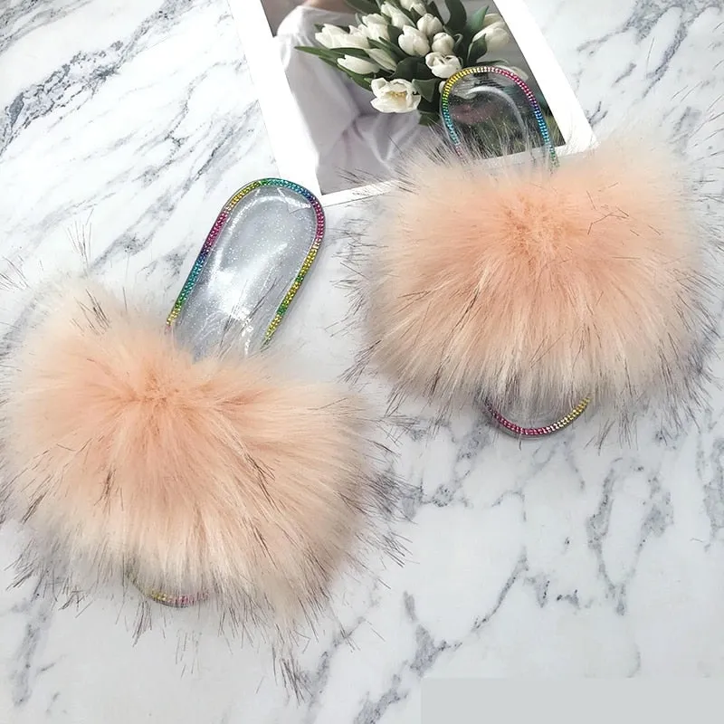 Summer Rubber Powder Synthetic Fur Crystal House Slippers for Women