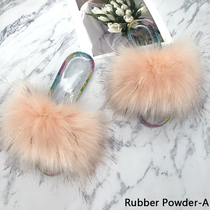 Summer Rubber Powder Synthetic Fur Crystal House Slippers for Women