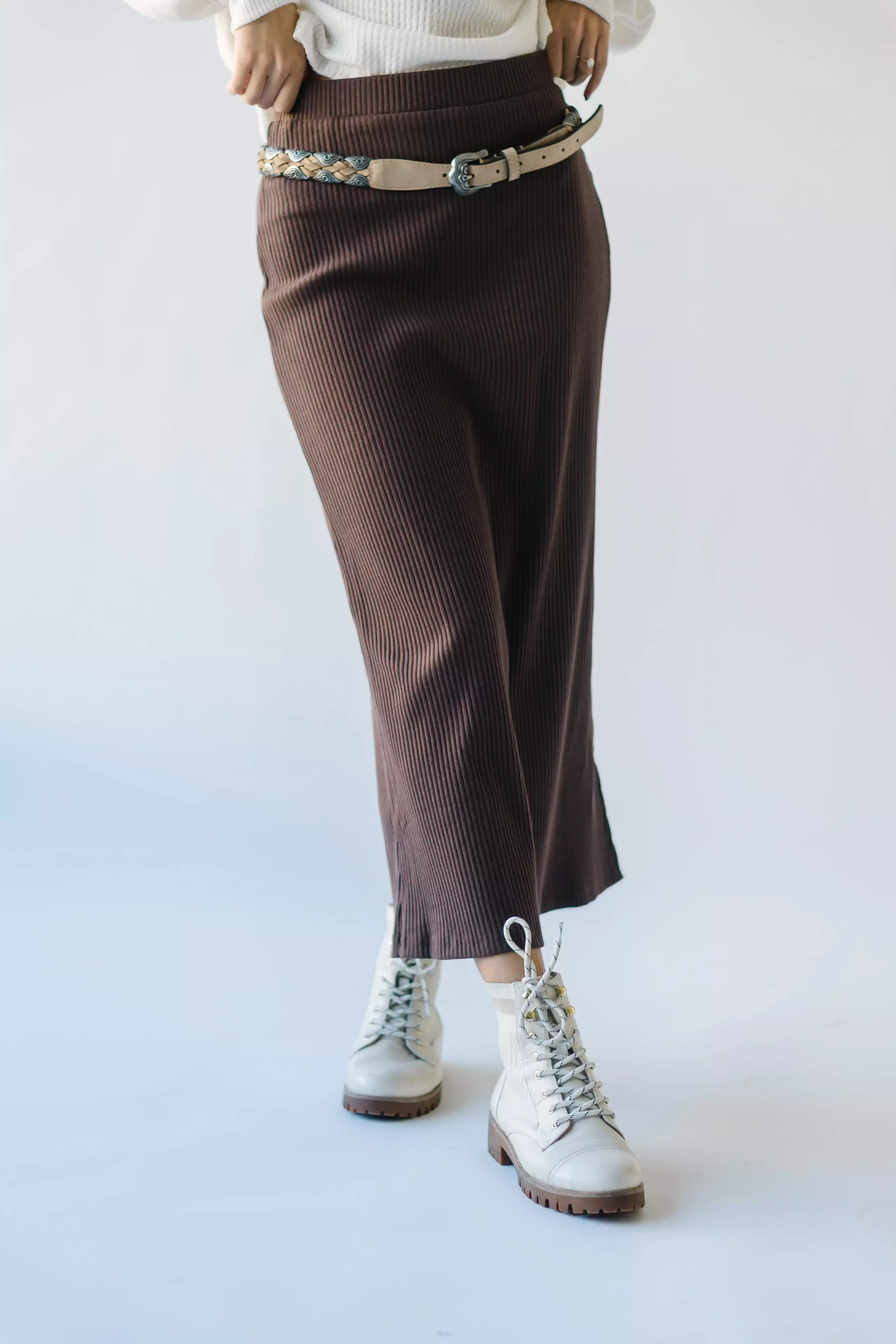 The Delphi Ribbed Midi Skirt in Chocolate Brown