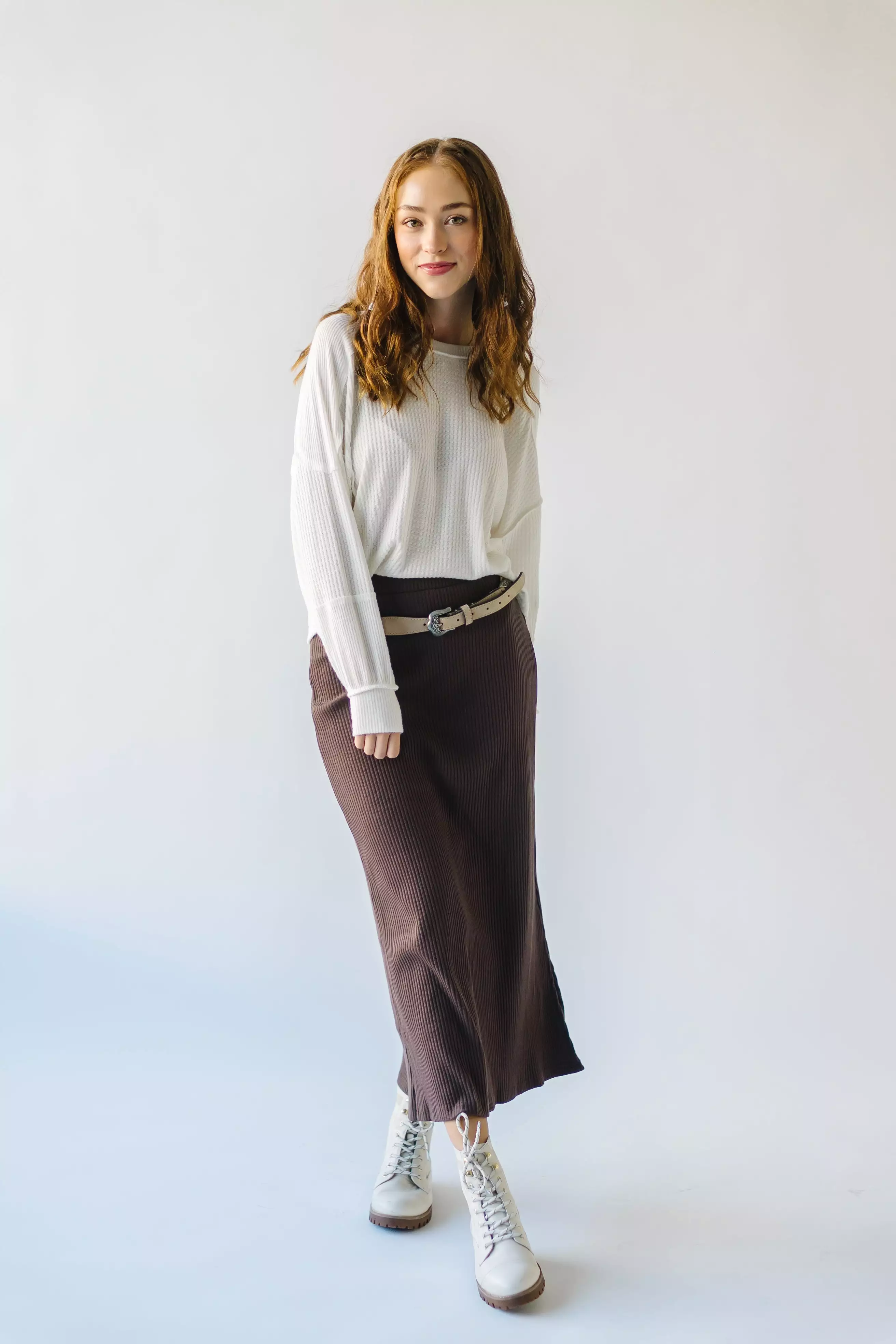 The Delphi Ribbed Midi Skirt in Chocolate Brown