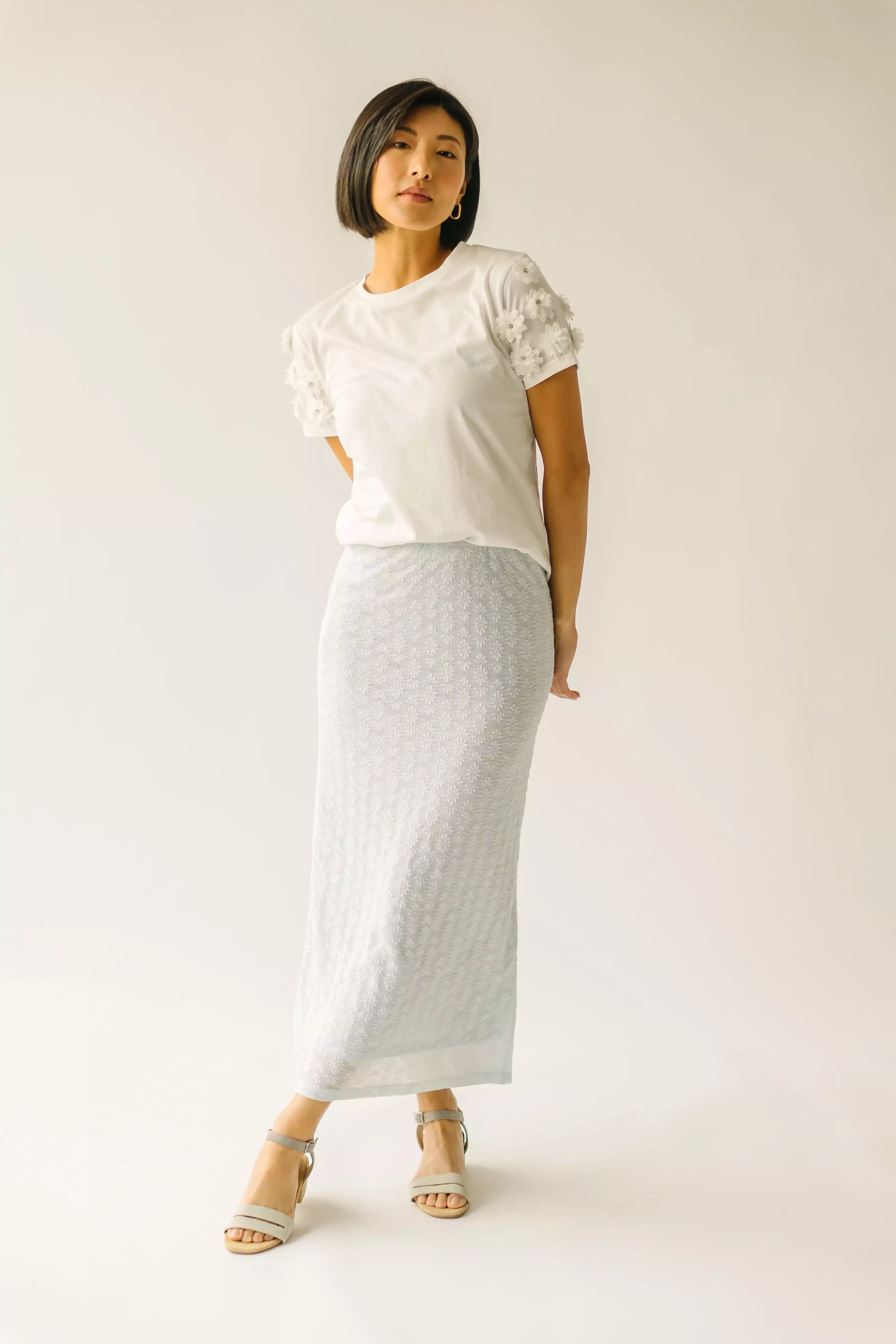 The Mateah Lace Midi Skirt in Light Blue