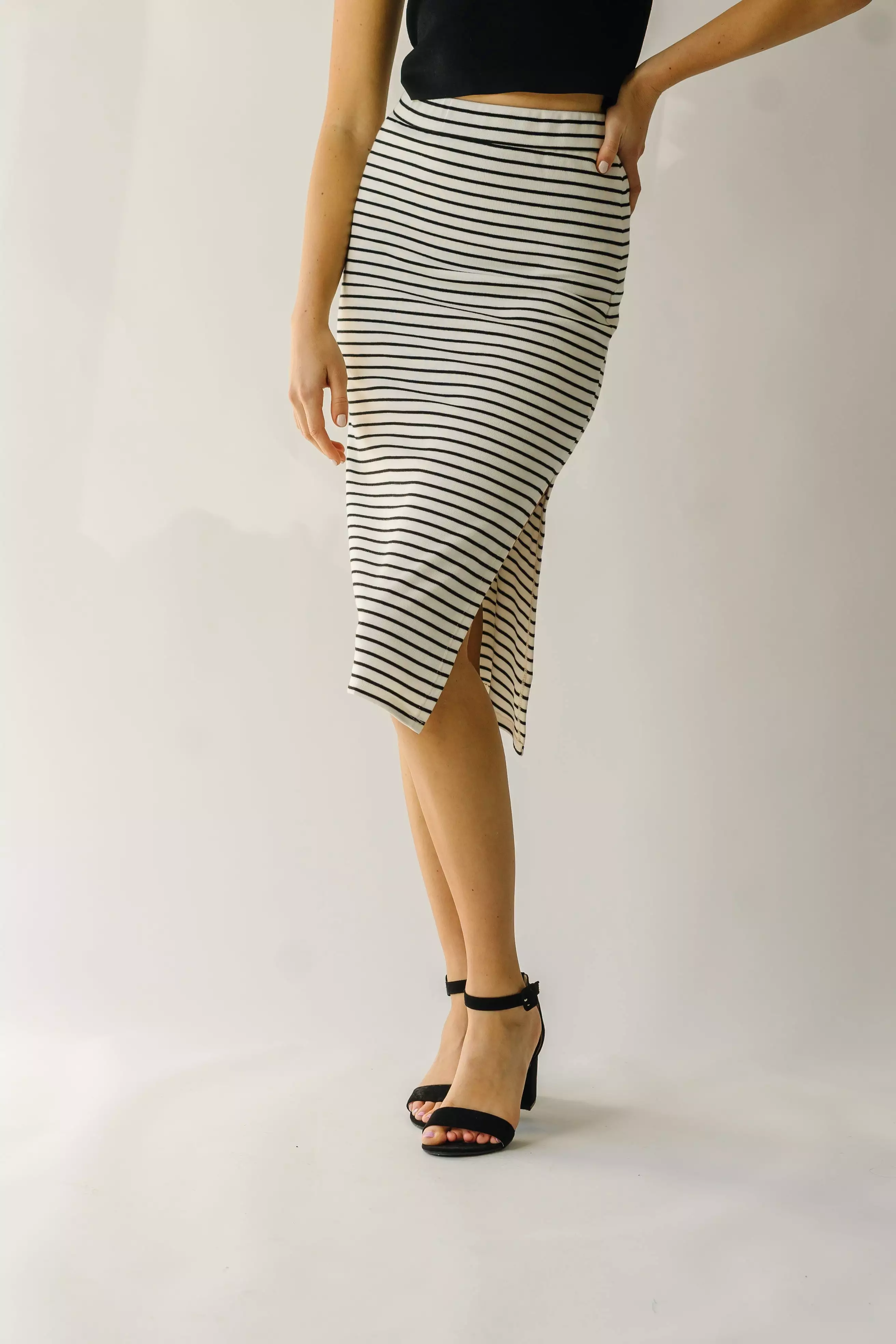 The Sumner Striped Midi Skirt in Black + Ivory