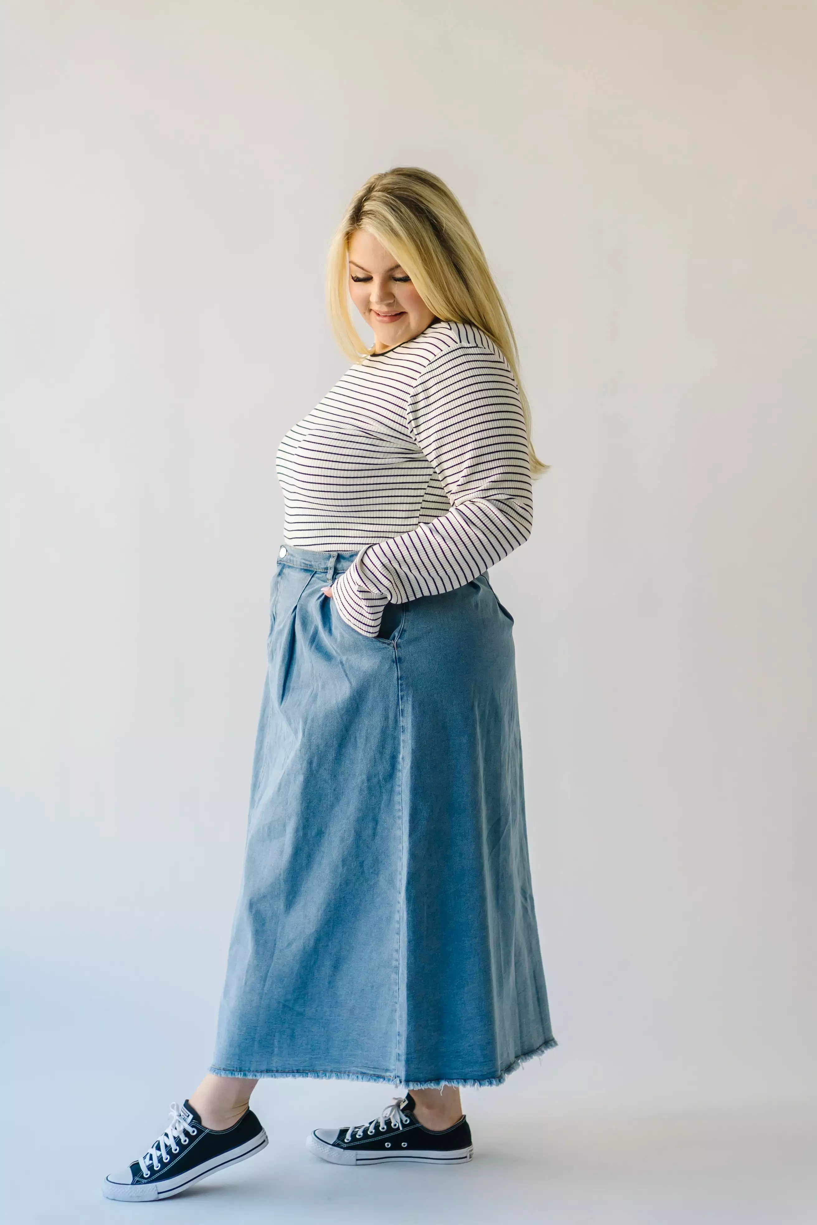 The Waleska Pleated Maxi Skirt in Denim