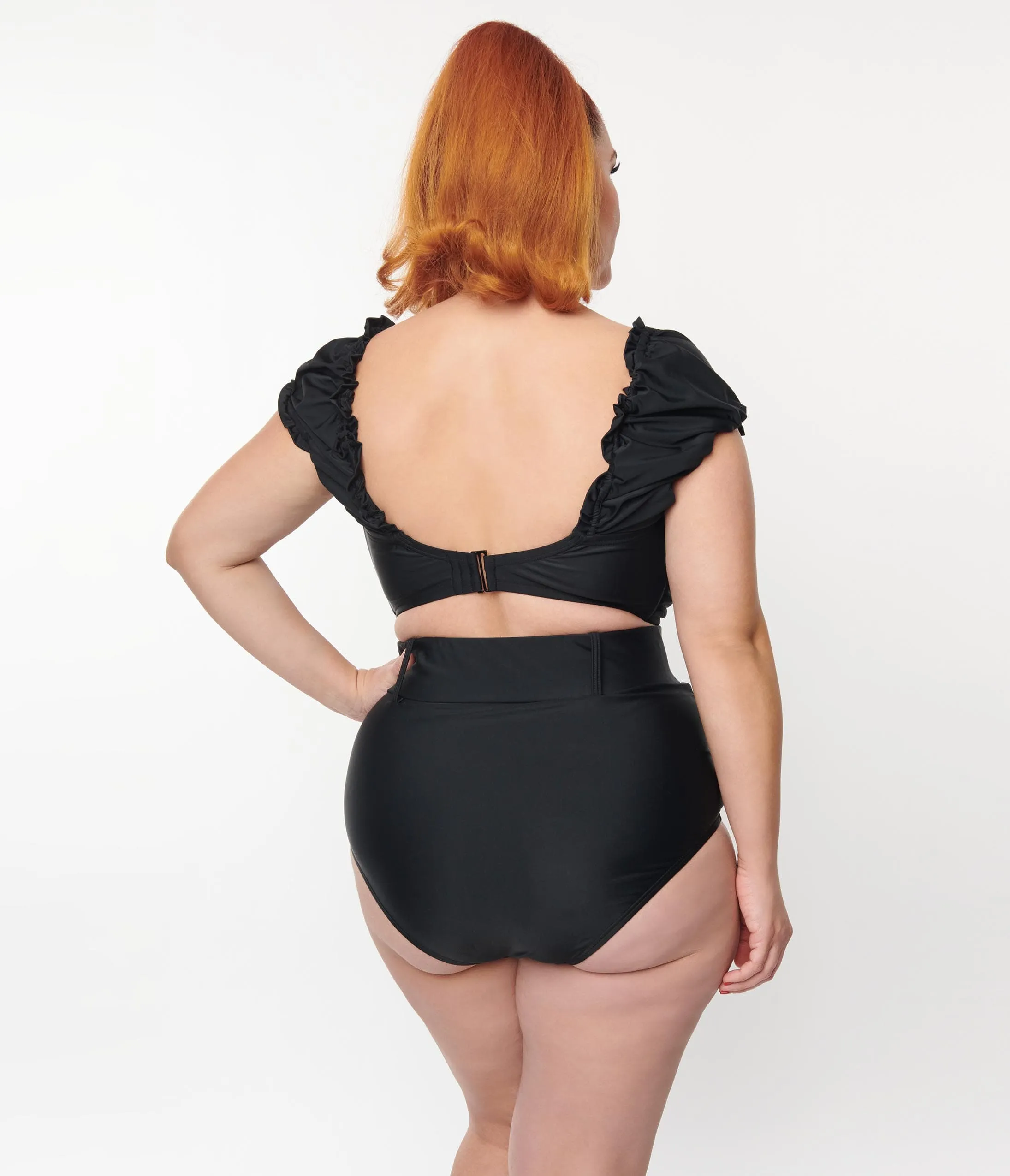 Unique Vintage Plus Size Black High Waist Belted Swim Bottom