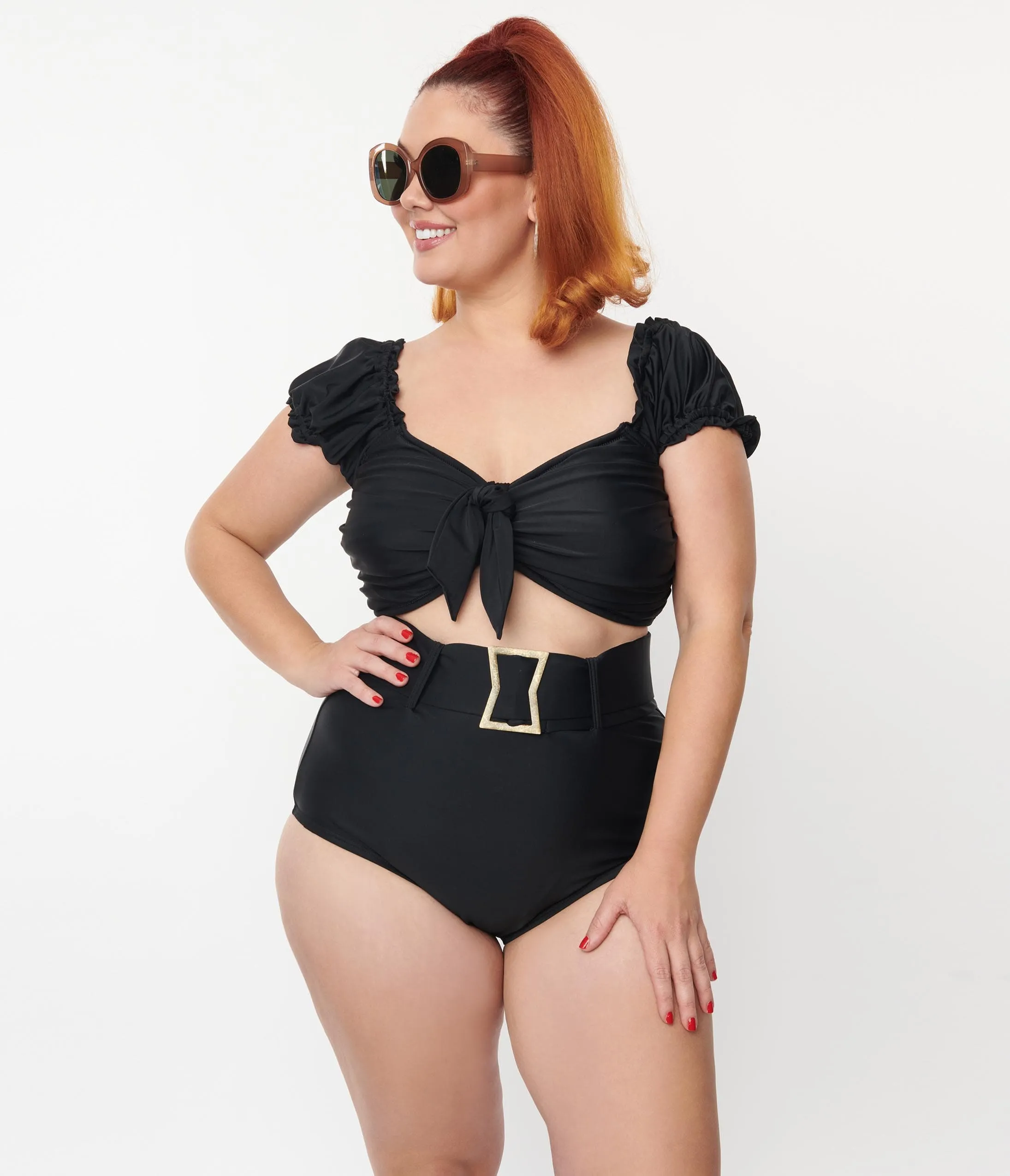 Unique Vintage Plus Size Black High Waist Belted Swim Bottom