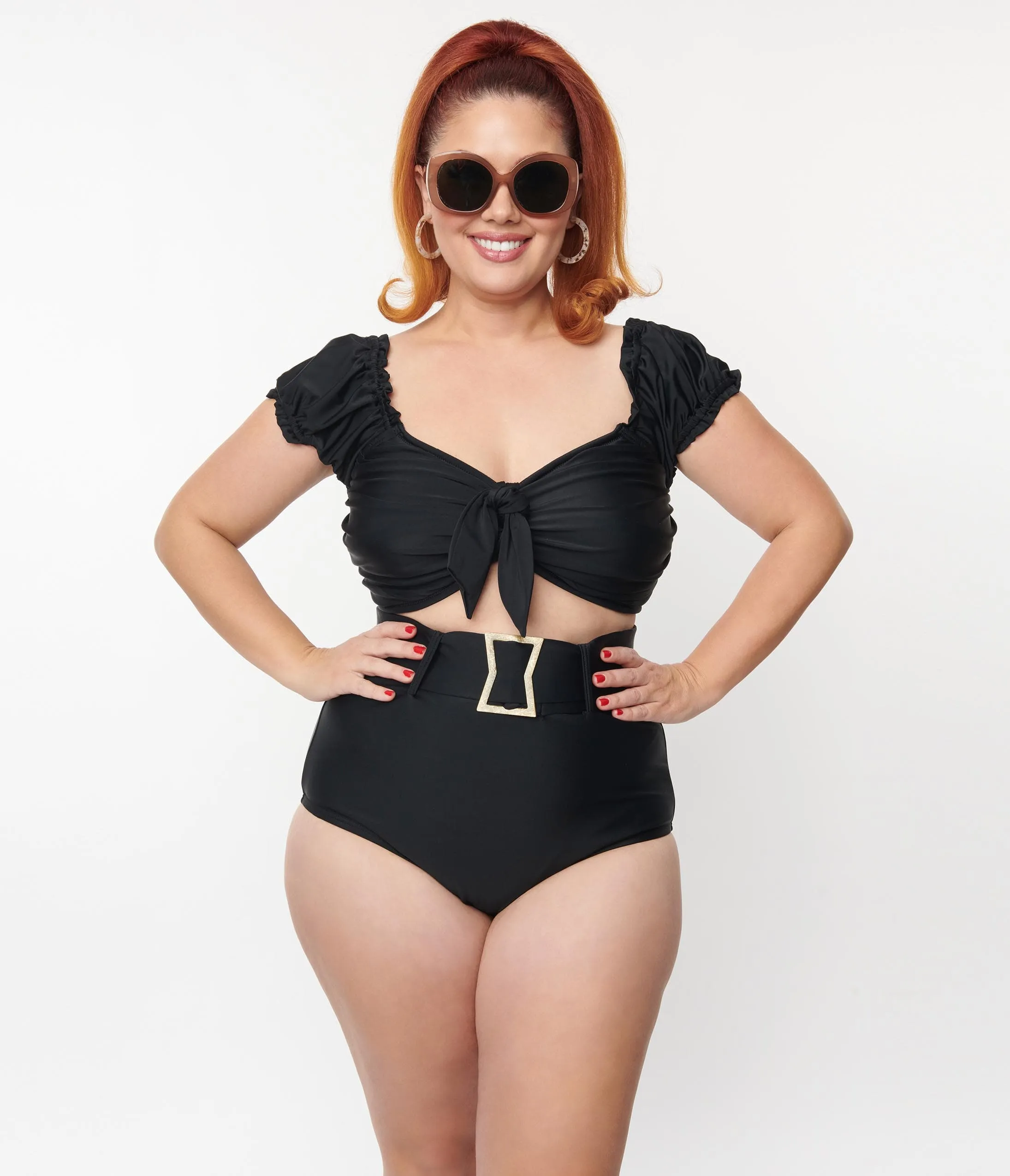 Unique Vintage Plus Size Black High Waist Belted Swim Bottom