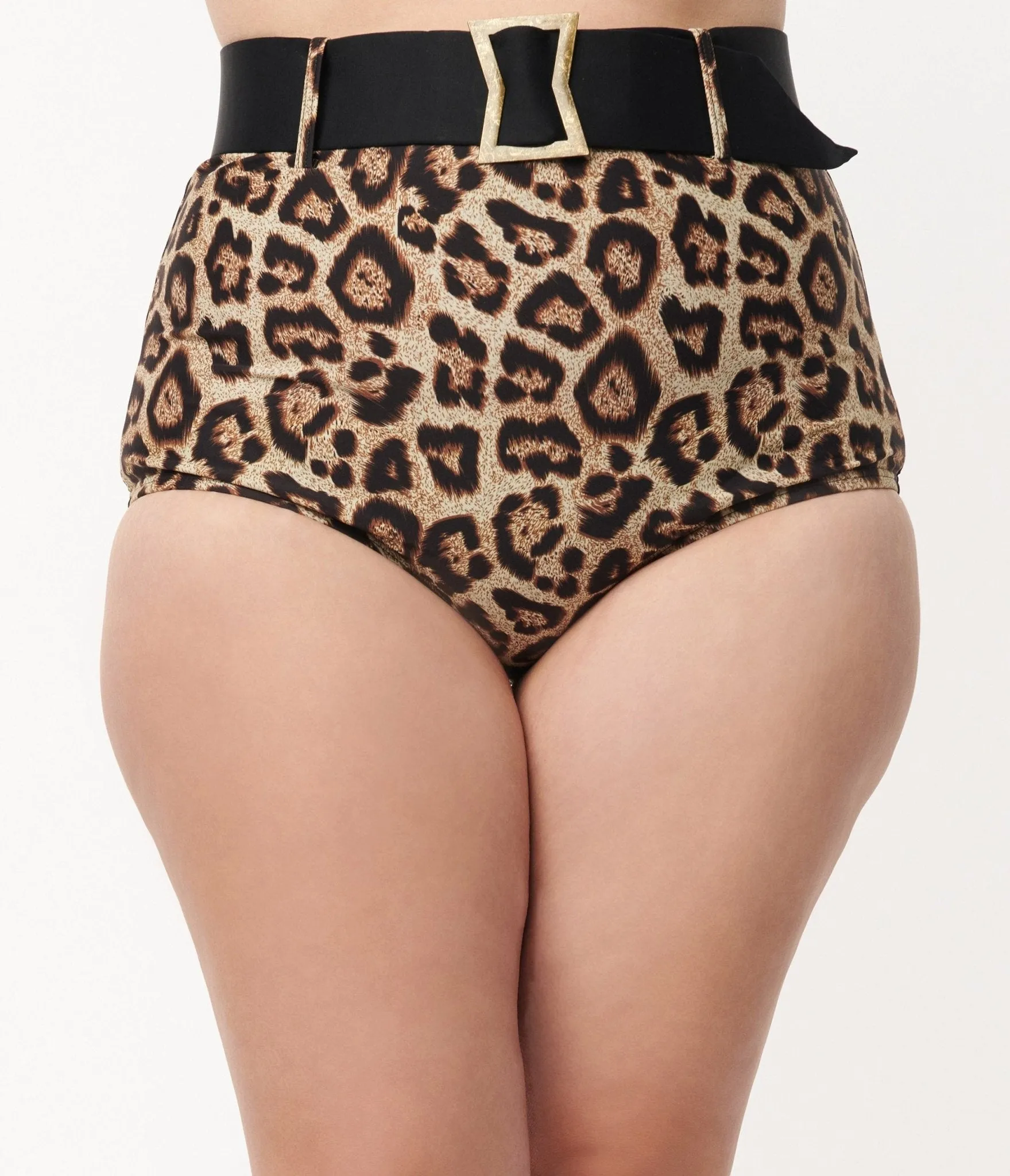 Unique Vintage Plus Size Leopard Print High Waist Belted Swim Bottom