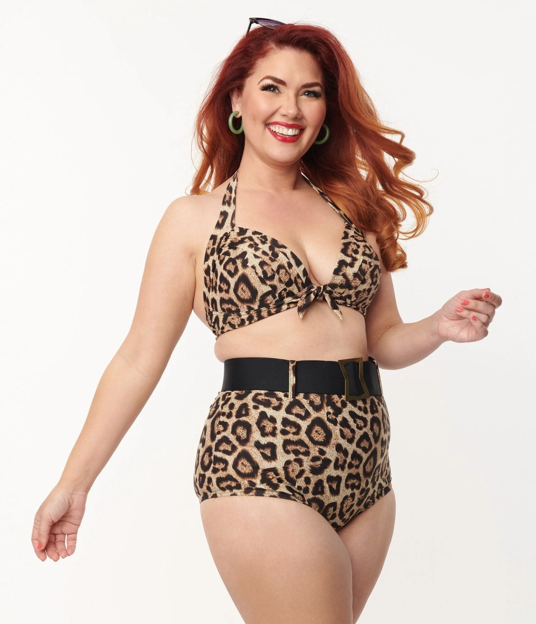 Unique Vintage Plus Size Leopard Print High Waist Belted Swim Bottom