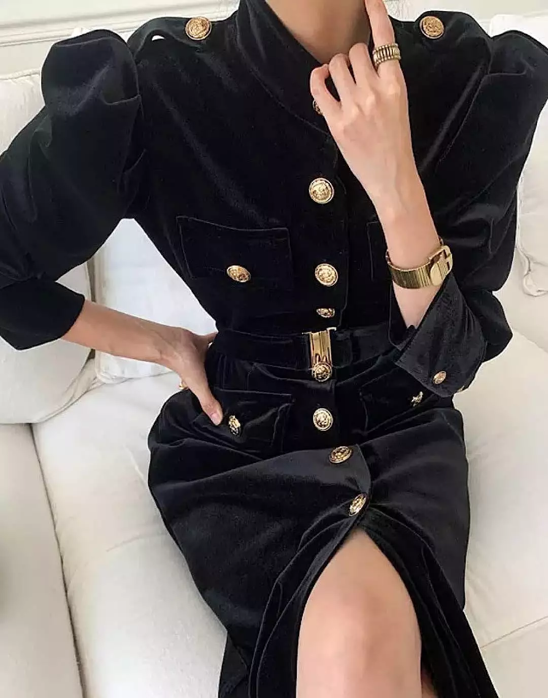 Velvet Stand Collar Gold Button Slim Dress