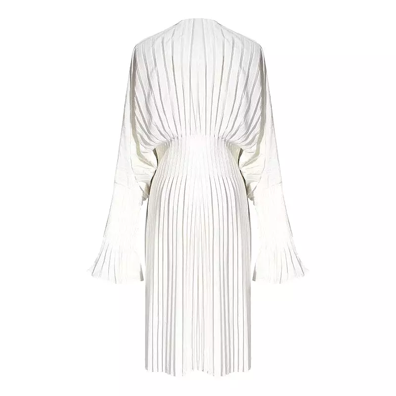 White Pleated Midi Flared Dress