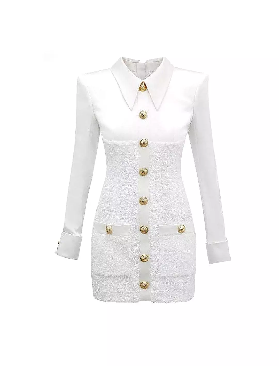 White Tweed Gold Button Dress