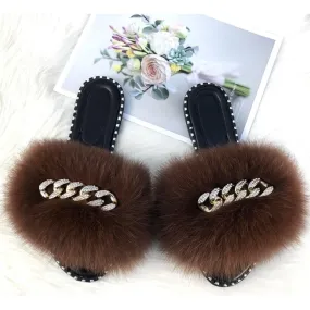 Women's Casual Summer Caramel Color Fluffy Fur Slide Rubber Slippers