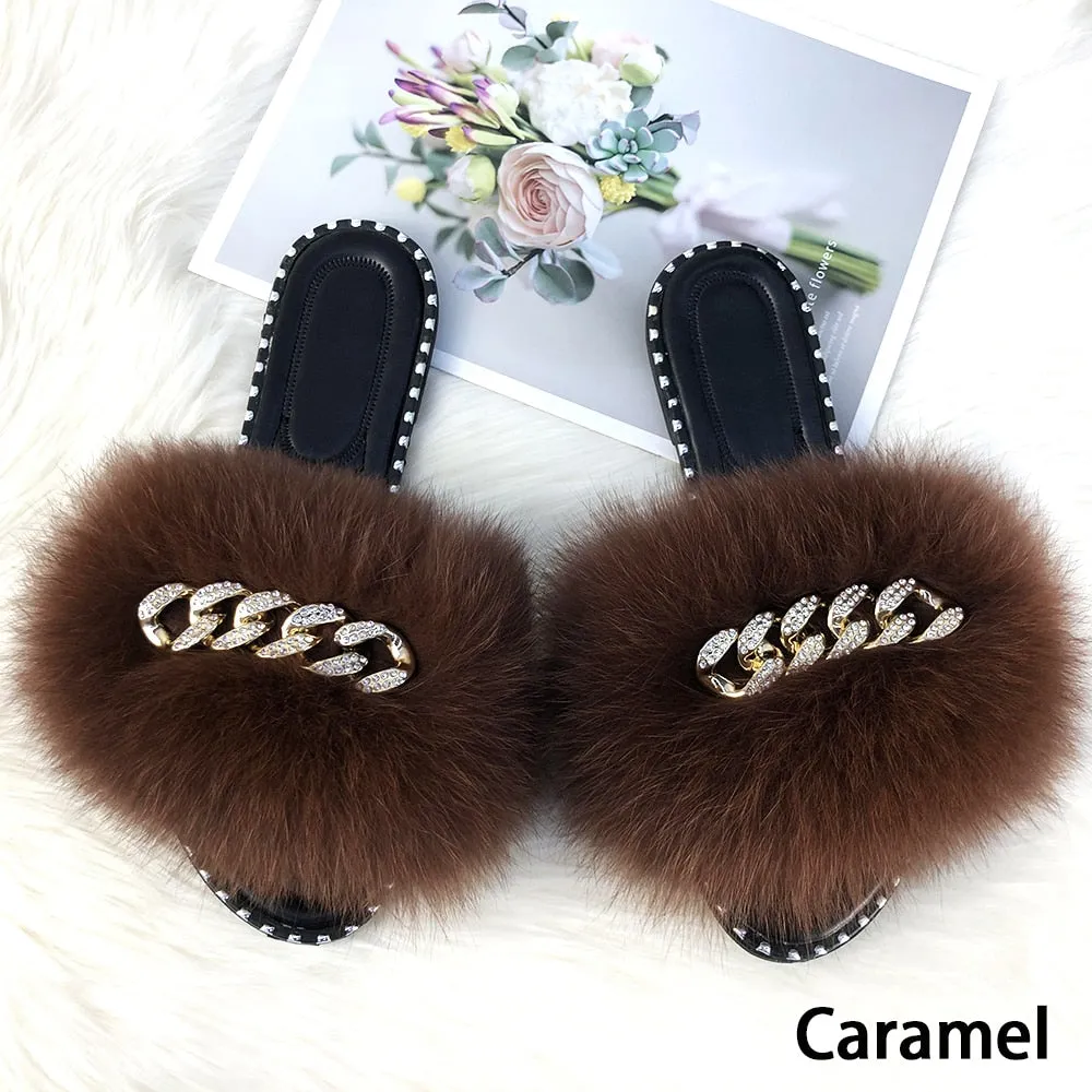 Women's Casual Summer Caramel Color Fluffy Fur Slide Rubber Slippers