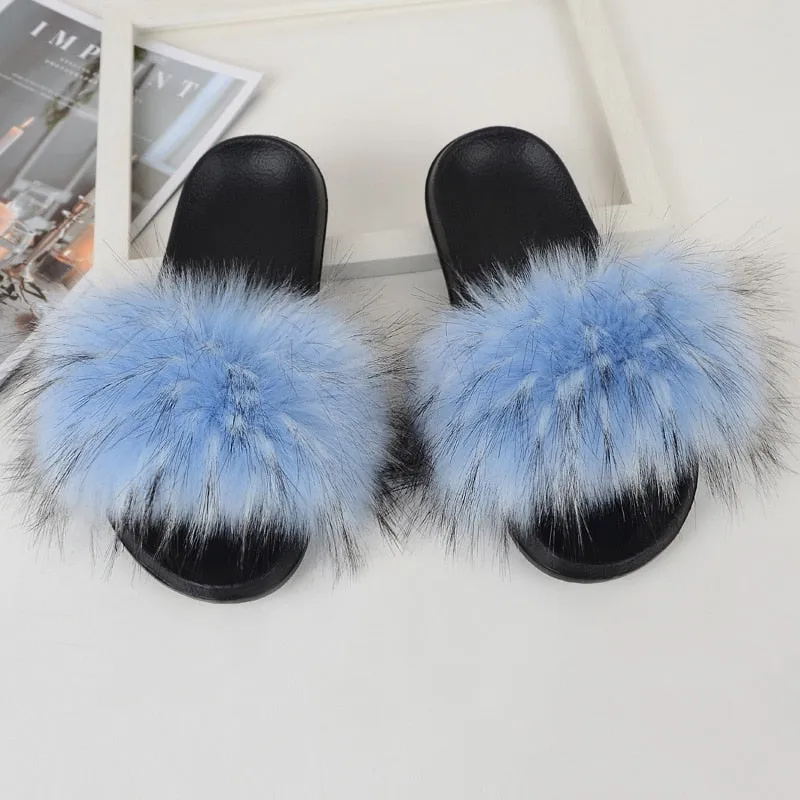 Women's Light Blue Real Fur Slides Cotton Fluffy Flat House Slippers