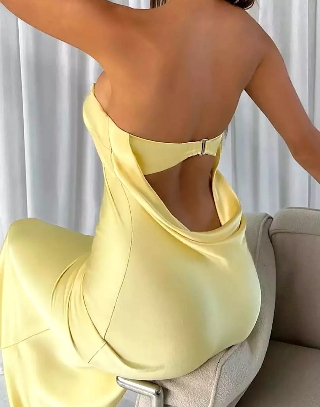 Yellow Satin Lower Back Strapless Dress