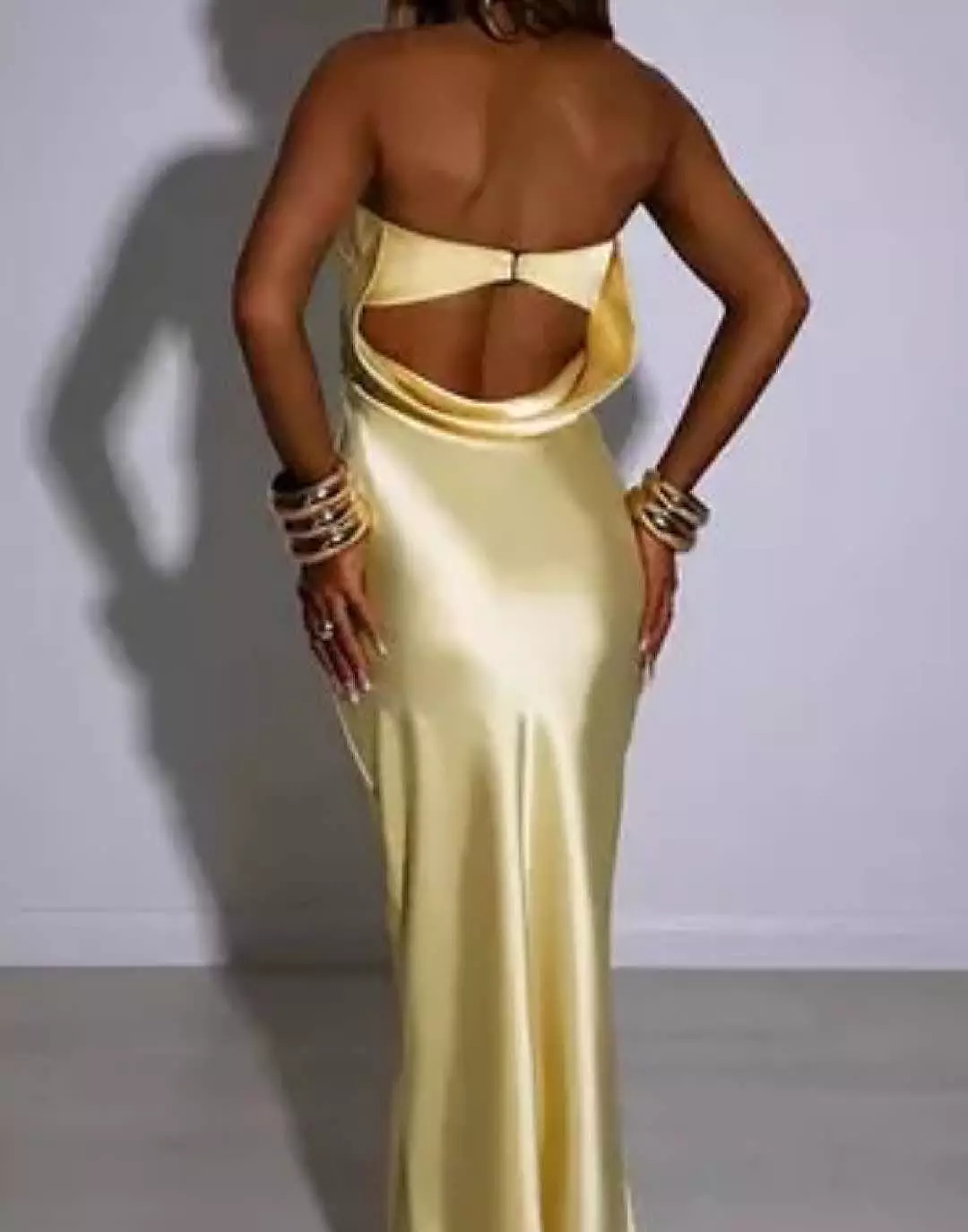 Yellow Satin Lower Back Strapless Dress